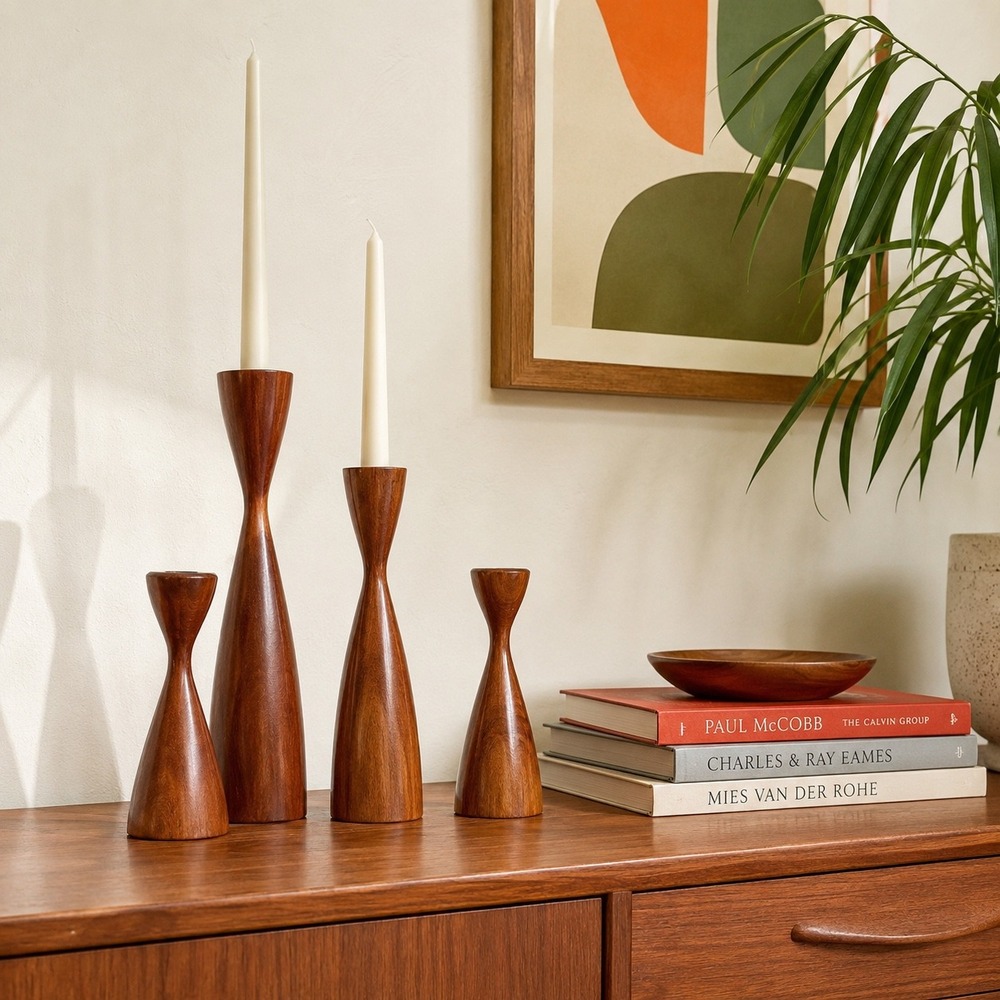Vintage MCM Rude Osolnik Walnut Hourglass Candlesticks Graduated Set of 4 Modern